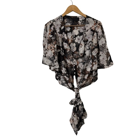 INTERMIX Galena Silk Button Down Short Sleeve Floral Tie-Front Blouse Top - Picture 2 of 5